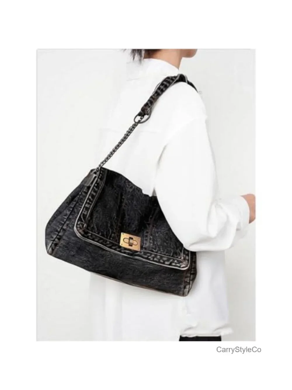 Large Denim Tote Bag Women Crossbody Shoulder Handbag Turn-Lock Casual Retro